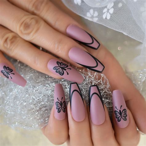 Long Ballerina Pre Designed Fake Nails Matte Butterfly Press On Nails