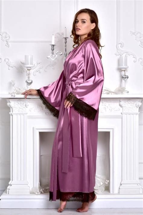 Pink Long Bridal Robe Bridesmaid Kimono Robe Satin Bridal Etsy Lace
