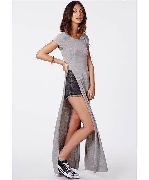 Lyst Missguided Krista T Shirt Style Side Split Maxi Dress Grey In Gray