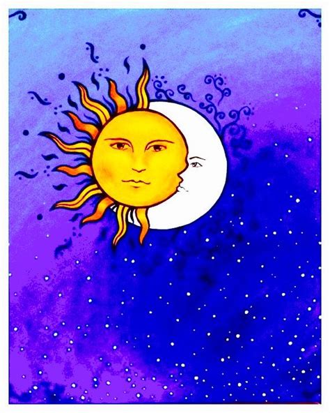 A Painting Of The Sun And Moon With Stars In The Sky Above It On A Blue Background
