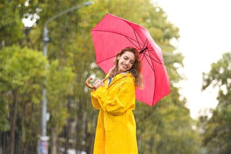 Portrait Of Young Woman With Red Umbrella Stock Photo Image Of