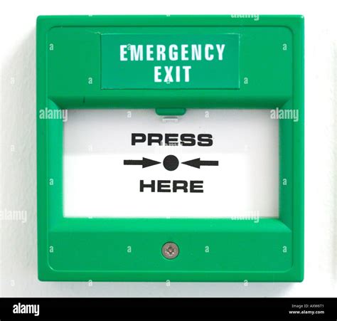 Green Emergency Exit Button To Open Door Press Here Stock Photo Alamy