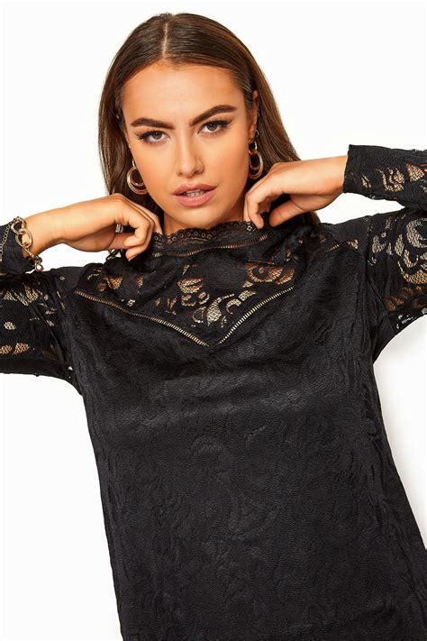 Yours London Black Lace High Neck Top Yours Clothing