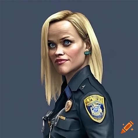 photorealistic reese witherspoon as policeofficer slim blonde hair darkblue police shirt