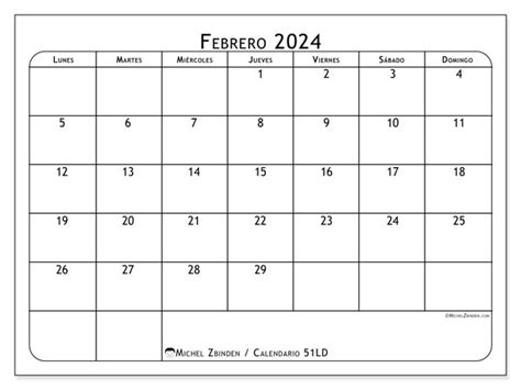 Calendario Febrero 2024 Simplicidad Ld Michel Zbinden Mx