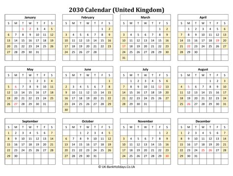 Download Printable 2030 Uk Calendar Landscape Layout