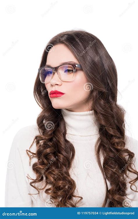 Young Attractive Woman With Red Lipstick Wearing Trendy Glasses And