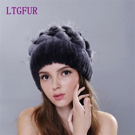 Ltgfur Women Fur Hat Winter Rex Rabbit Fur Cap Knitted Beanies Hats Hand Sewing Skullies Strips