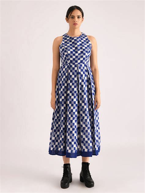 Buy Blue Handwoven Cotton Ikat Dress Indr Gv 019indr14 The Loom