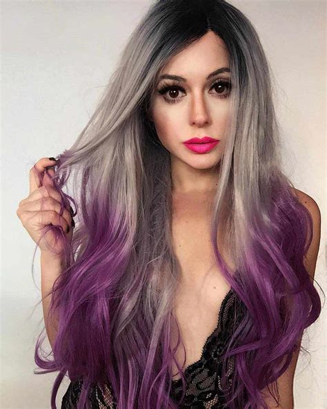 26 Greypurple Ombre Color Wavy Synthetic Lace Front Wig