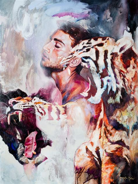 Drawn Out An Original Oil Painting Of A Man With Roaring Tigers By