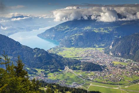 Aerial View Of Swiss Alps And Lake Thun At Dramatic Sunset Interlaken