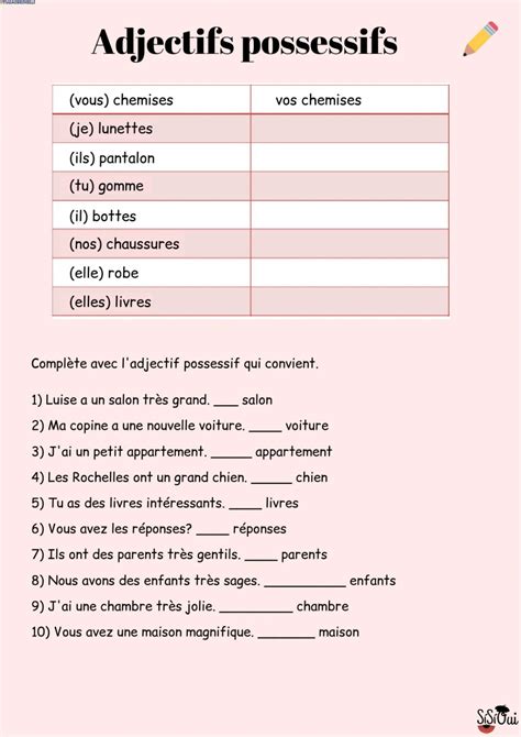 Les Adjectifs Possessifs A1 Exercices
