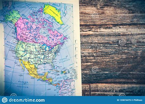 Atlas Page North America Continent Retro Map With Wooden