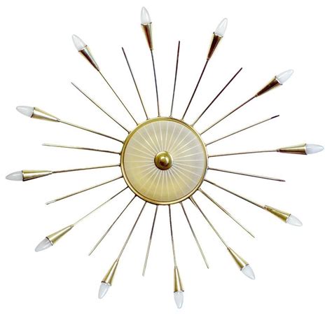 Large Sunburst Brass And Glass Chandelier 1950s Modernist Design