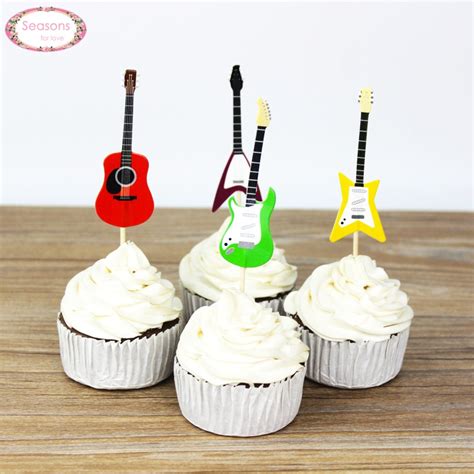 New 24pcs Guitar Design Cupcake Toppers Paper Cake Picks Party Supplies