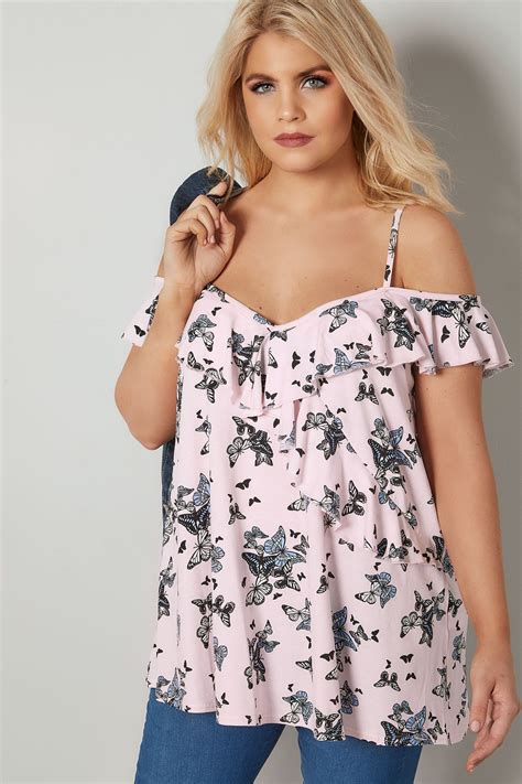 light pink butterfly print frill cold shoulder top plus size 16 to 36
