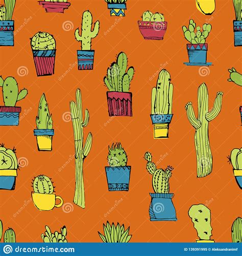Vector Seamless Pattern With Different Cactus Bright Repeated Texture
