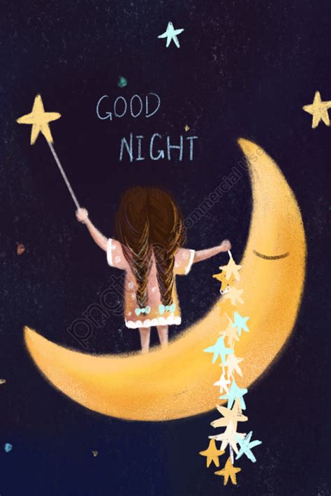Good Night Star Girl Moon Quiet Good Dream Hand Painted Illustration