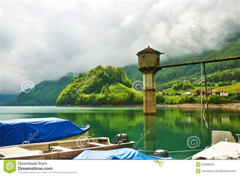 Beautiful Emerald Mountain Lake In Switzerland Stock Photo Image Of