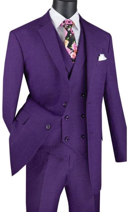 Purple Mens Single Breasted 2 Button Suit With Notch Collar Vest 3 Piece Suits Suits Purple