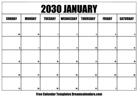 January 2030 Calendar Free Blank Printable With Holidays