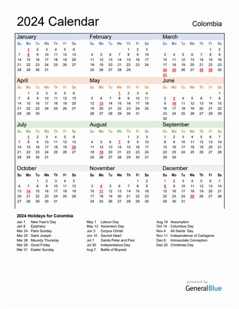 2024 Colombia Calendar With Holidays