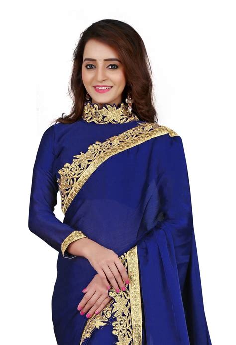 Blue Satin Silk Saree With Blouse Piece Velvetembroideredborder Swadesi Stuff 1039703