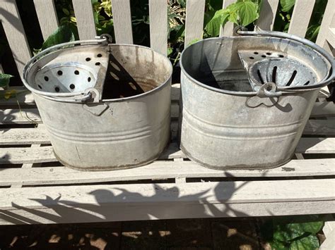 A Pair Of Vintage Galvanized Galvanised Metal Mop Buckets Planters