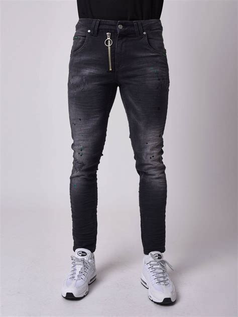 Washed Black Skinny Jeans With Visible Zipper