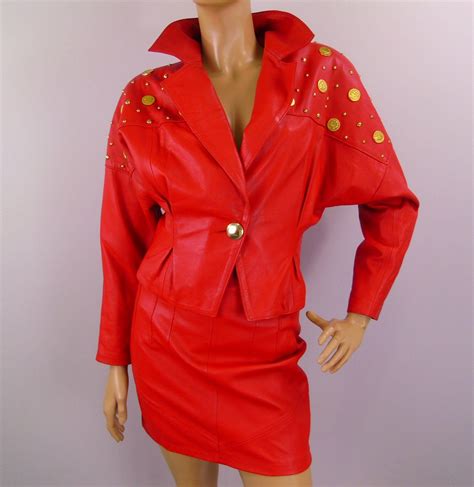 Red Leather Suit Lillie Rubin Exclusive Set Vintage 1980s Studded Skirt