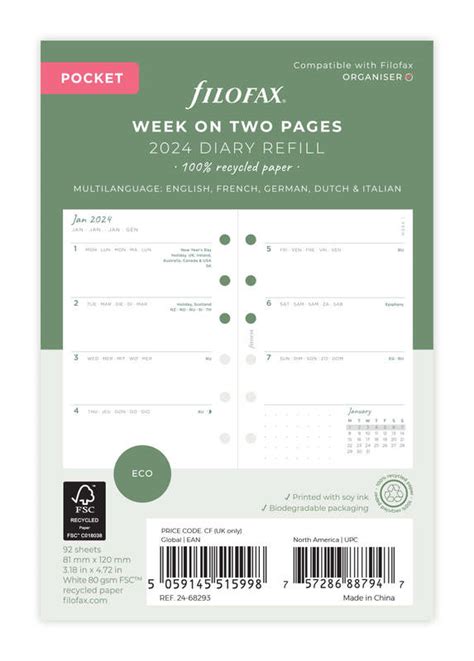 Buy Filofax Eco Week On Two Pages 2024 Diary Refill Pocket At Mighty