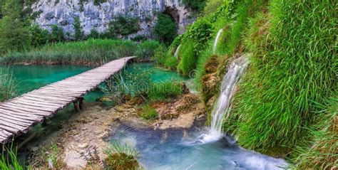 Plitvice Croatia Panoramic View Of A Wooden Walkway In Plitvice