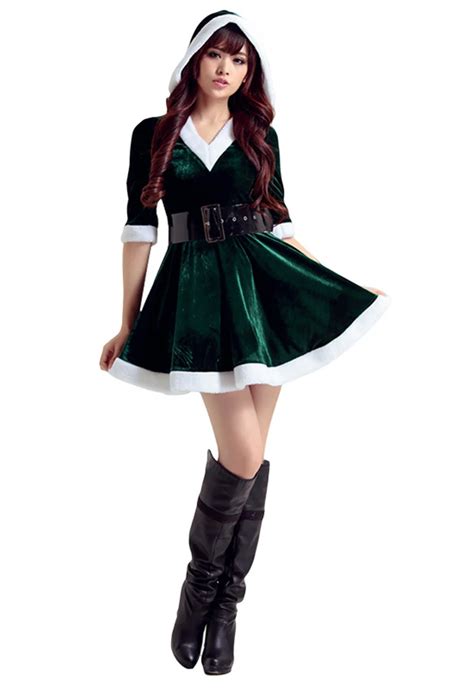 Free Shipping Green Elf Christmas Outfit For Women 3fc150 Santa Costume Adult Elegant Pajamas