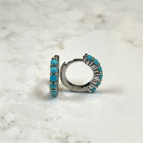 Small 14K Gold Six Stone Turquoise Huggie Hoop Earrings Unique