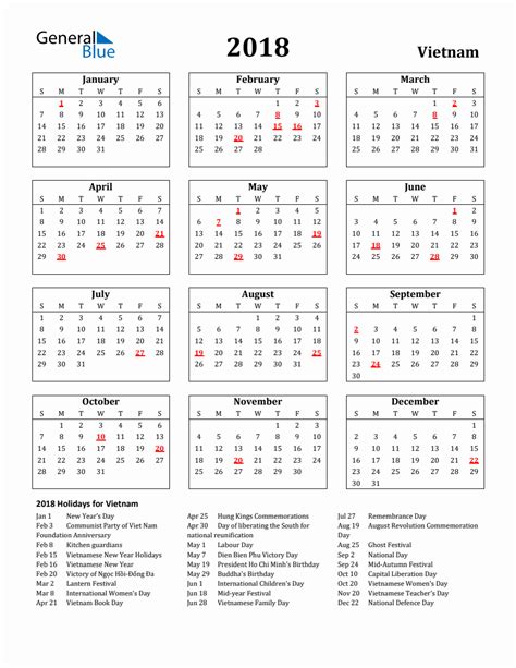 Free Printable 2018 Vietnam Holiday Calendar