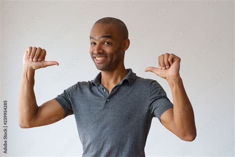 Cheerful Afro American Guy Proud Of Himself Smiling Babe Black Man Pointing Thumbs At Himself