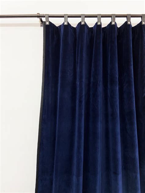 Navy Velvet Curtain With Black Trim And Leather Tabs Amore Beauté