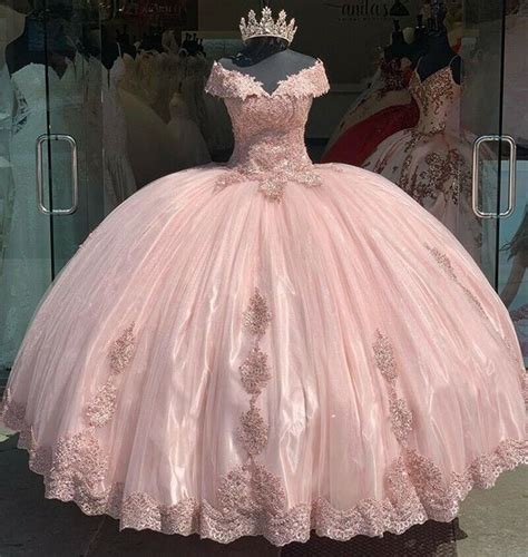 Modest Ball Gown Pink Quinceanera Dresses Off Shoulder Appliques Sweet