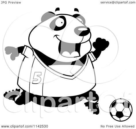 Cartoon Clipart Of A Black And White Chubby Panda Playing Soccer