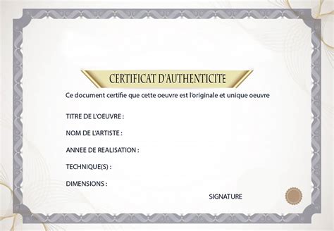 Certificat d authenticité pour artiste en français Téléchargement instantané Instant