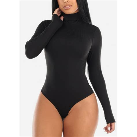 modaxpressonline womens long sleeve bodysuit turtleneck ribbed stretchy black bodysuit 10946h