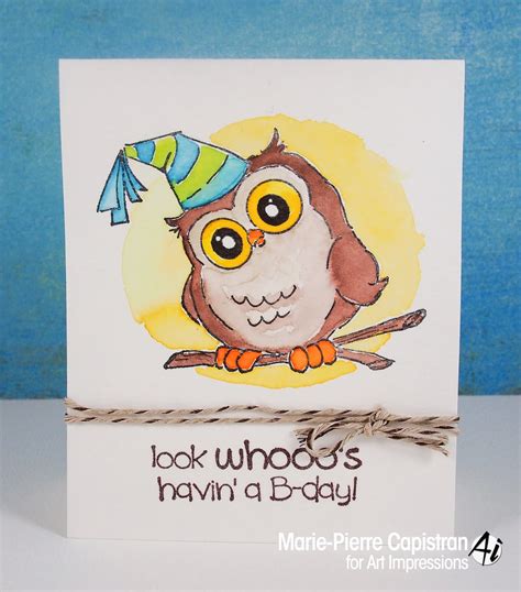 Reverse side has an area for a personalized message. Marie-Pierre: cute owl birthday card