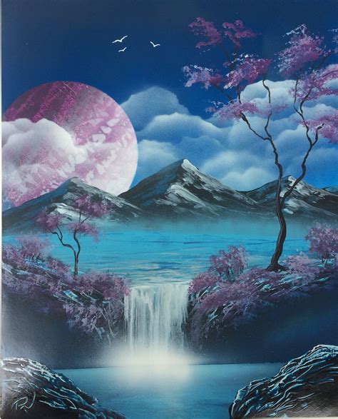 Purple Planet Over The Lake Waterfall Paintings Beautiful Paintings