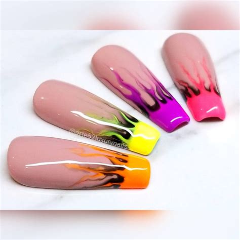 Neon Colored Flames Press On Nail Coffin Nail Long Fake Etsy