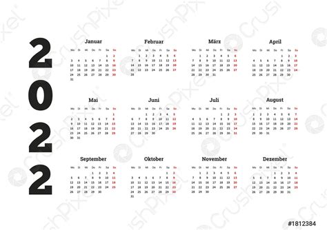 2022 Year Simple Calendar On German Language Isolated On White Stock