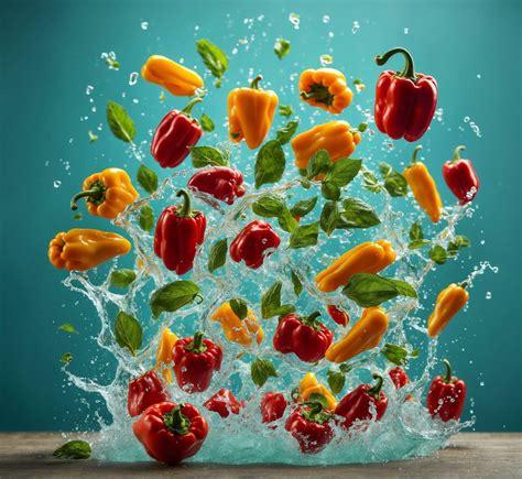 Ai Generated Fresh Red And Yellow Bell Pepper With Water Splash On A