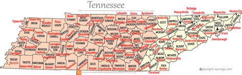 Tennessee Time Zone Map Counties And Seats In Tennessee By Time Zone