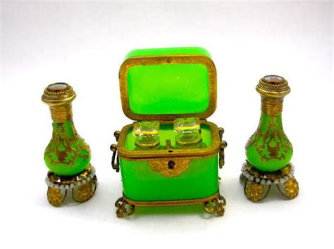 Pair Of Antique Palais Royal Green Opaline Perfume Bottles