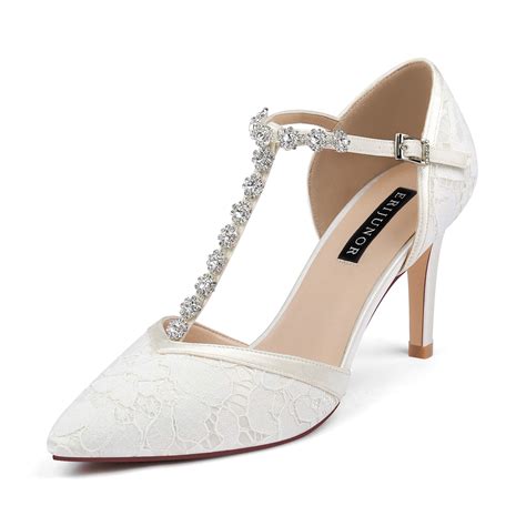 Erijunor Women Lace Bridal Shoes Mid Heel With Rhinestones T Strap Pointy Toe Satin Wedding Shoes